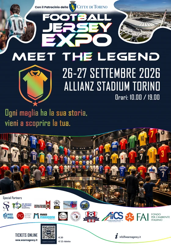 Manifesto ufficiale di Football Jersey Expo – Meet the Legends, 26–27 settembre 2026 all’Allianz Stadium di Torino