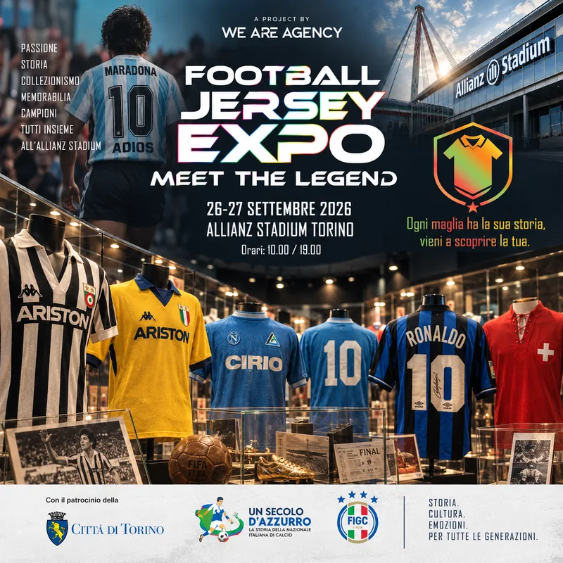 Visual ufficiale di Football Jersey Expo – Meet the Legends con date, sede e selezione di maglie